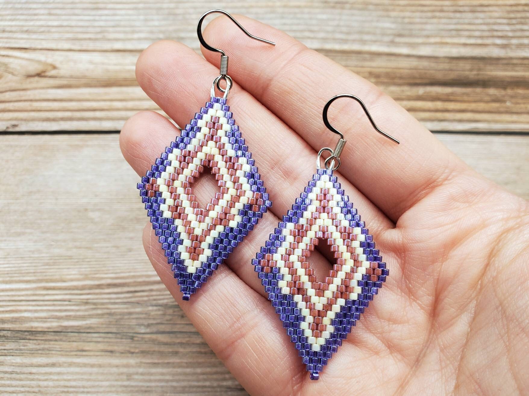 Purple Diamond Brick Stitch Earrings, Shades of Purple, Magenta
