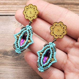 Jaisalmer Beaded Earrings, Turquoise with Magenta Crystal Navettes and Gold Colored Mandala Flower Earstuds, Handwoven Jewelry