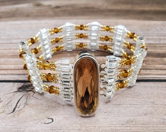 Corinth Bracelet, Sparkly Silver and Topaz Colors, Oval Box Clasp, Crystal Bicones, Glass cubes, and Seed Beads, Handwoven Jewelry