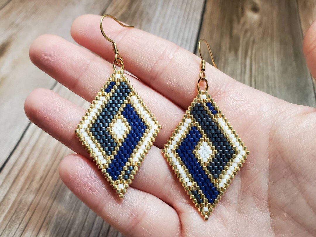 Blue Woven Diamond Brick Stitch Earrings Shades of Blue - Etsy