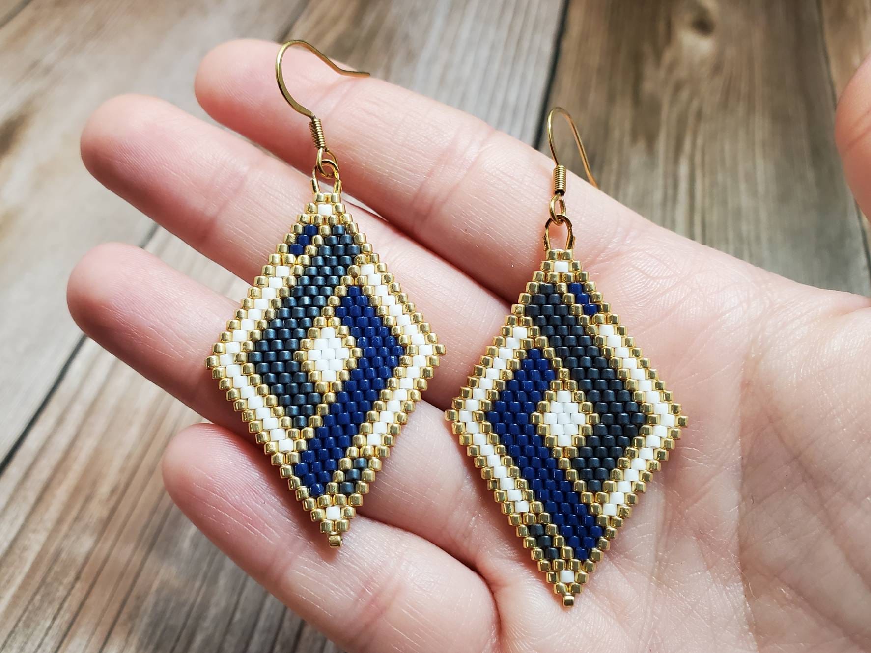 Blue Square Earrings Ornament - Seed Bead Embroidery Kit