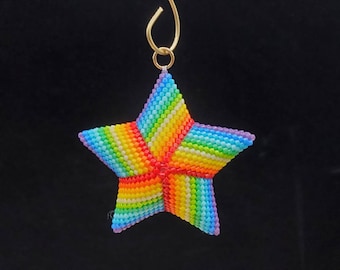 Rainbow 3D Puffy Peyote Star, Beaded Ornament, Christmas Holiday Decoration and Gift Idea, Handwoven with Delica Beads