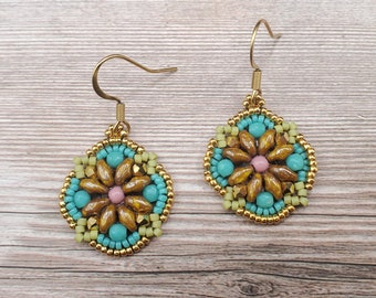 Imagine Beaded Earrings, Turquoise, Yellow Brown, Green, and Gold, Lightweight with Steel Earwires, Cute Hippie Flower, Handwoven Jewelry