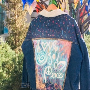 Unique Handpainted Denim/Jean Jacket - Love, Joy, Peace