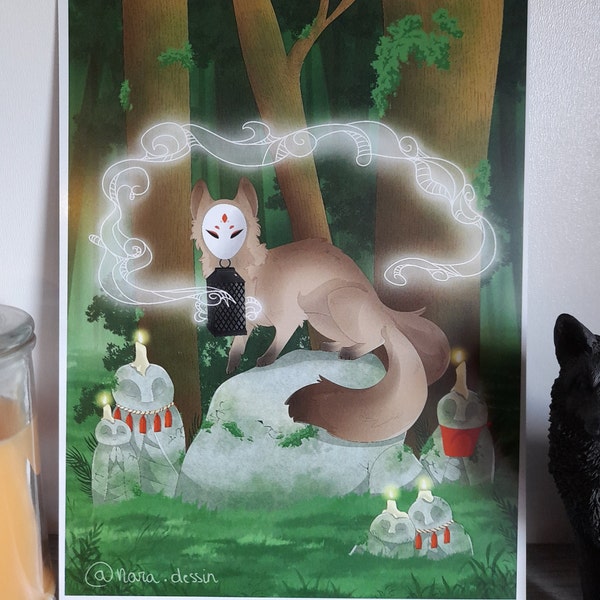 Tableau renard, print kitsune, illustration kitsune