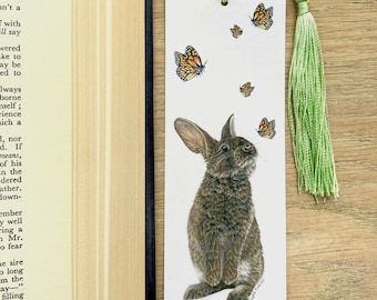 Rabbit and Butterfly Bookmark with Tassel by Wildlife Artist Sophie Nash - Bunny Bookmark - Book Lover Gift - Bookworm