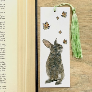 Rabbit and Butterfly Bookmark with Tassel: Wildlife Art Gift