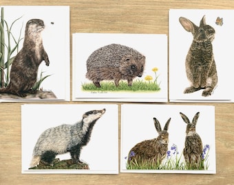 Pack of Five British Mammals Greeting Cards by Wildlife Artist Sophie Nash - Hare, Rabbit, Badger, Otter and Hedgehog Birthday Cards