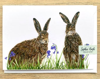 Hare and Bluebells Greeting Card by British Wildlife Artist Sophie Nash - Hares - Birthday Card