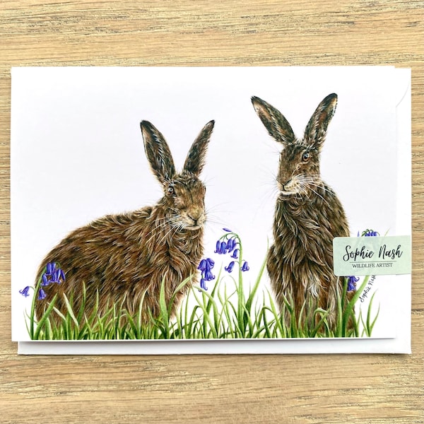 Hare and Bluebells Greeting Card by British Wildlife Artist Sophie Nash - Hares - Birthday Card