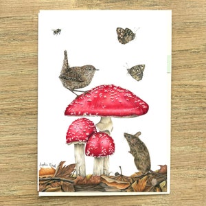 The Autumn Gathering Greeting Card by Wildlife Artist Sophie Nash, Fly Agaric Mushroom and Woodland Animal Birthday/Thanksgiving Card