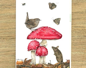 The Autumn Gathering Greeting Card by Wildlife Artist Sophie Nash, Fly Agaric Mushroom and Woodland Animal Birthday/Thanksgiving Card