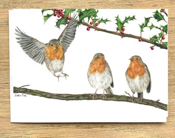 Robin and Holly Christmas Card by Wildlife Artist Sophie Nash - Seasons Greetings, Festive Animal Card