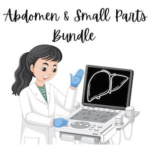 Peut inclure: Un médecin portant une blouse blanche utilise une machine à ultrasons pour examiner le foie d'un patient. L'écran d'échographie montre une image en noir et blanc du foie. L'image est intitulée "Abdomen & Small Parts Bundle".