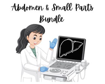 May include: A doctor in a white coat uses an ultrasound machine to examine a patient's liver. The ultrasound screen shows a black and white image of the liver. The image is titled "Abdomen & Small Parts Bundle".