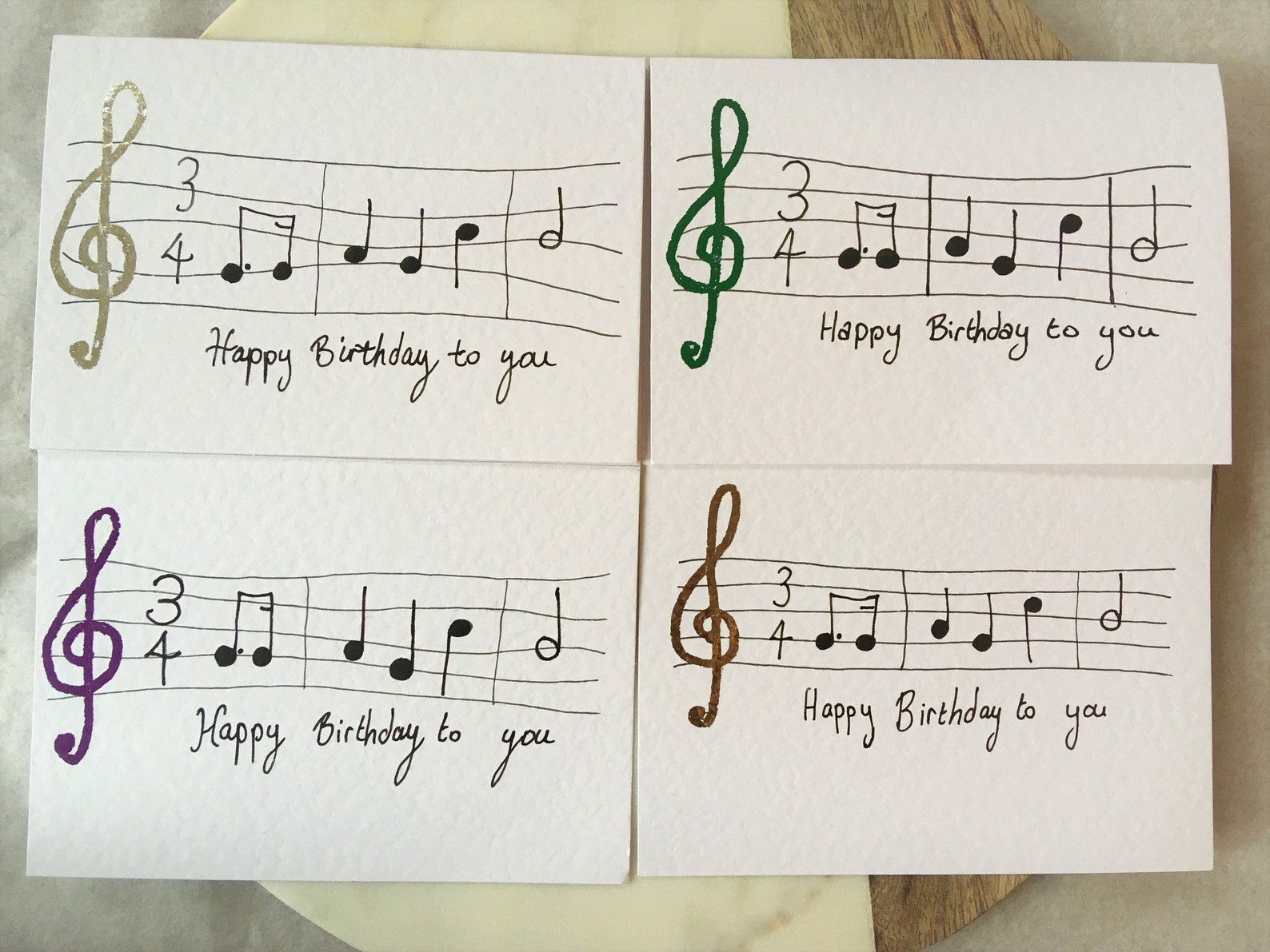 Set of 4 Happy Birthday Music Notes A6 Handmade Card Foiled Etsy