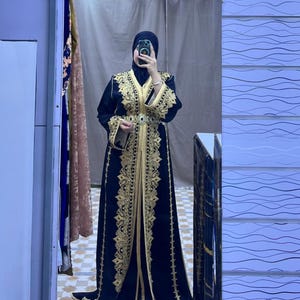 Black and Blue Moroccan Caftan with Gold Embroidery - Timeless Elegance for Special Occasions