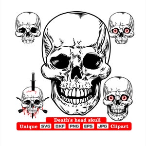 Tête de mort crâne clip art dxf svg png eps jpg pour la coupe, la conception de chemise, l'impression de vêtements, la gravure, la découpe au laser, pour le travail de logo ou le passe-temps