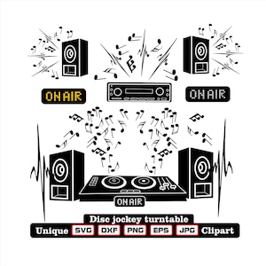 Unieke discjockey draaitafel illustraties en vectorafbeeldingen als dxf-svg-png-eps-jpg voor graveren, lasersnijden, kleding, logo en meer!