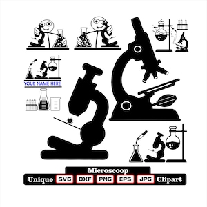 Puede incluir: Ilustración en blanco y negro de un microscopio con un científico de palo mirando a través del objetivo. La imagen también incluye una variedad de equipos de laboratorio, incluidos vasos de precipitados, tubos de ensayo y una placa de Petri. El texto "Microscoop" y "Your Name Here" también están incluidos en la imagen.