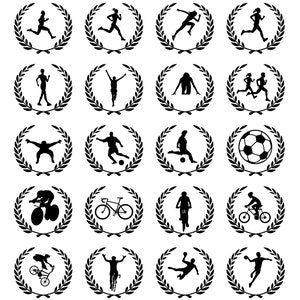 May include: A set of 16 black and white silhouette icons depicting various sports activities, each enclosed within a laurel wreath. The sports include running, cycling, soccer, and swimming.
