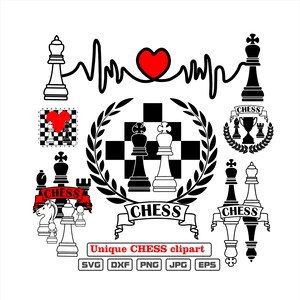 Puede incluir: Una colección de imágenes prediseñadas únicas con temática de ajedrez en blanco y negro, con piezas de ajedrez, un tablero de ajedrez y un diseño en forma de corazón. La palabra "CHESS" se muestra en pancartas y cintas. Incluye formatos de archivo: SVG, DXF, PNG, JPG y EPS.