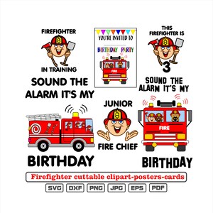 Clipart exclusivo, arte de parede, cartão de aniversário, arquivos de corte como dxf-svg-png-eps-jpg-pdf para uma criança que adora bombeiros. Feliz aniversário