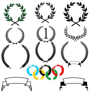 May include: A set of black and green laurel wreaths with a number 1 in the center of one wreath. There are also Olympic rings and two blank banners.
