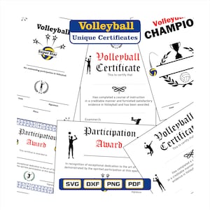 Einzigartige Volleyball-Zertifikate als pdf-dxf-svg-png Dateien zum direkten Ausdrucken oder Bearbeiten.