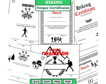 Unique Hiking certificates as pdf-dxf-svg-png files for direct printing or editing.