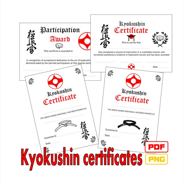 Kyokushin karate certificaten in PDF en PNG. Beloon degenen die het hebben verdiend.