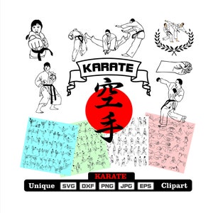 Op de afbeelding: Zwart-witte lijntekeningen van karatehoudingen, inclusief een rode cirkel met de Japanse karakters voor karate. De tekst "KARATE" staat in een banner boven de cirkel. De afbeelding bevat ook een krans met een karatehouding erin.