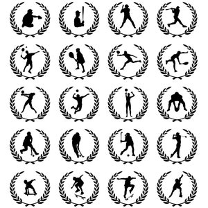 May include: A set of 16 black and white silhouette icons of athletes in various sports, each surrounded by a laurel wreath. The sports include baseball, tennis, volleyball, basketball, soccer, golf, skateboarding, and more.