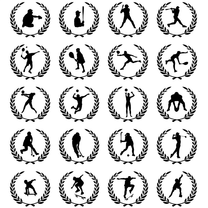 May include: A set of 16 black and white silhouette icons of athletes in various sports, each surrounded by a laurel wreath. The sports include baseball, tennis, volleyball, basketball, soccer, golf, skateboarding, and more.