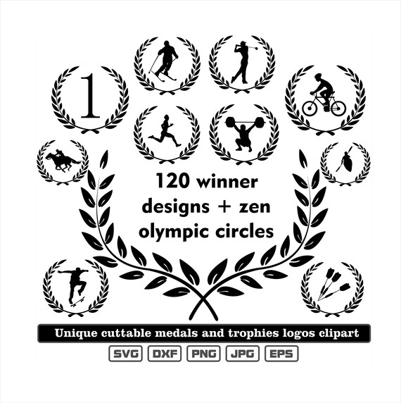 120 winner designs in laurel wreath dxf-svg-png-eps-jpg + enso zen olympic circles Unique cuttable medals and trophies designs logos