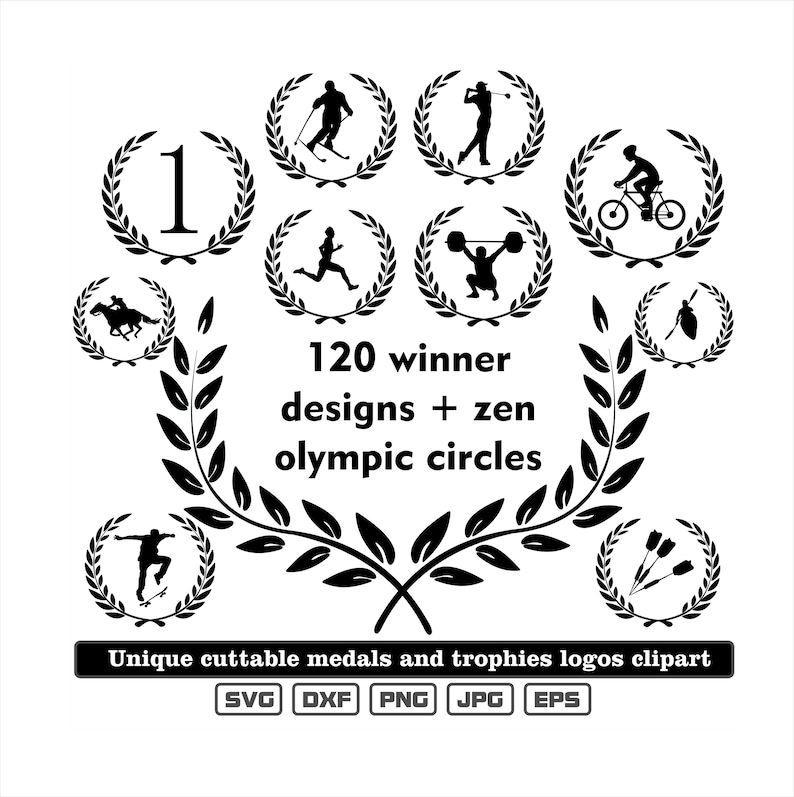 May include: Black and white silhouette illustrations of athletes in various sports, including cycling, skiing, weightlifting, and horseback riding. The illustrations are surrounded by laurel wreaths and the text "120 winner designs + zen olympic circles".  Unique cuttable medals and trophies logos clipart. SVG DXF PNG JPG EPS.