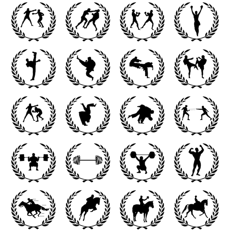 May include: A set of 16 black and white silhouette illustrations of different sports and activities, each framed by a laurel wreath. The sports include boxing, wrestling, weightlifting, horseback riding, and more.