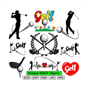May include: A set of unique golf clipart designs featuring a golfer, golf balls, golf clubs, and the word "Golf" in various styles. The clipart is available in SVG, DXF, PNG, JPG, and EPS formats.