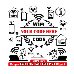 Op de afbeelding: Zwart-witte vectorillustratie van een WiFi-logo met de tekst "WIFI YOUR CODE HERE CODE". Het logo is omringd door verschillende pictogrammen die verband houden met WiFi, waaronder huizen, telefoons en mensen die laptops gebruiken. De tekst "WIFI logo Unique SVG DXF PNG EPS JPG Clipart" staat onderaan de afbeelding.