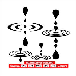 May include: Black and white illustration of a mindfulness symbol. The symbol depicts a series of concentric circles representing ripples in water, with a single drop of water falling into the center of each circle.
