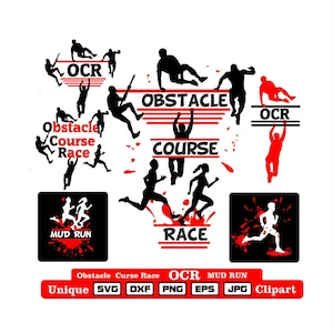 Op de afbeelding: Een grafisch ontwerp met zwarte en rode silhouetten van mensen die deelnemen aan hindernisbanen. Het ontwerp bevat de woorden "OCR", "Obstacle Course Race", "Mud Run" en "Race". De onderkant van het ontwerp bevat de woorden "Unique SVG DXF PNG EPS JPG Clipart".