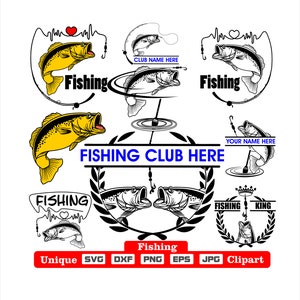 Peut inclure: Illustration en noir et blanc d'un logo de club de pêche avec un poisson sautant hors de l'eau. Le logo comprend le texte "Fishing Club Here" et une couronne de laurier. L'image comprend également d'autres illustrations sur le thème de la pêche, telles que des poissons, des cannes à pêche et les mots "Fishing" et "King".