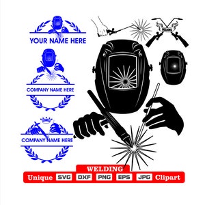 Peut inclure: Ensemble de graphiques sur le thème de la soudure en noir et bleu. Comprend des casques de soudure, des étincelles et des logos avec le texte "YOUR NAME HERE" et "COMPANY NAME HERE". Le mot "WELDING" est également présent, ainsi que des étiquettes de type de fichier.