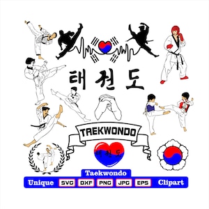 Fichiers uniques de clipart et de coupe de taekwondo. Comme dxf-svg-png-eps-jpg illustrations pour la gravure, la découpe laser, t-shirts, autocollants d’affiches