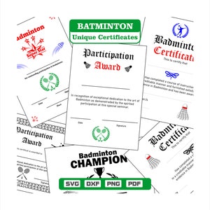Unique badminton certificates as pdf-dxf-svg-png files for direct printing or editing.