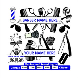 May include: Black and white vector graphics of barber shop and beard care tools. The image includes a barber pole, scissors, combs, razors, shaving brushes, and a spray bottle. The text "BARBER NAME HERE" and "YOUR NAME HERE" is included in the image.