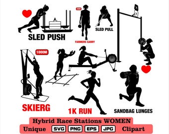 hybrid fitness workout bundle women svg png eps jpg, skierg sled push rowing wall balls athlete silhouettes