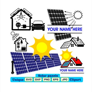 ¡Paneles solares únicos imágenes prediseñadas como ilustraciones dxf-svg-png-eps-jpg para grabado, corte por láser, ropa, pegatinas de carteles y más!