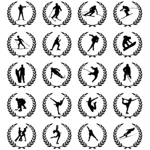 May include: A set of 16 black and white silhouette icons depicting various winter sports, each framed by a laurel wreath. The sports include skiing, snowboarding, ice skating, and figure skating.