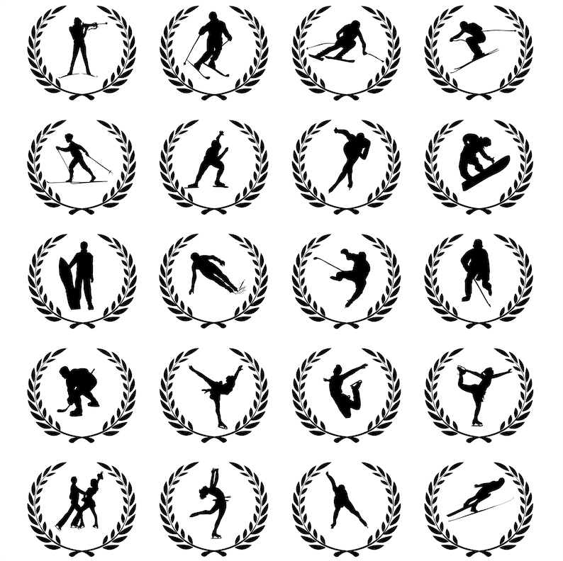 May include: A set of 16 black and white silhouette icons depicting various winter sports, each framed by a laurel wreath. The sports include skiing, snowboarding, ice skating, and figure skating.